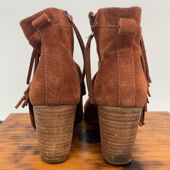 TOMS Women's Lunata Cognac Brown Suede Fringe Tassel Heel Booties Size 6.5 - Picture 4 of 8